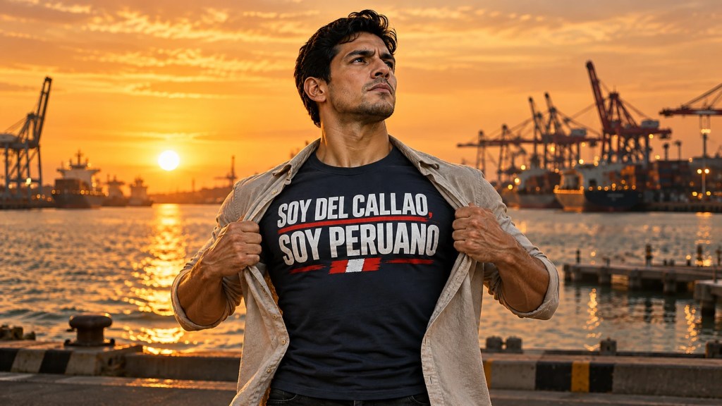 Paul García Oviedo en el puerto del Callao con un polo que dice «Soy del Callao, soy peruano»